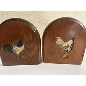 Rooster Bookends Pair Solid Wood Farmhouse Country Decor 1970s